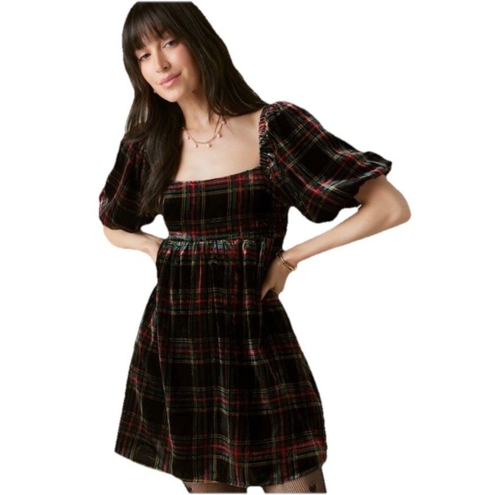 Francesca’s Audrey Parks Grace Plaid Velvet Mini Dress Puff Sleeve Tie Back M